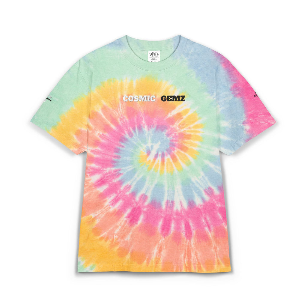 Embroidered 'Cosmic Gemz' Black & Gray Tie-Dye Oversized T-Shirt
