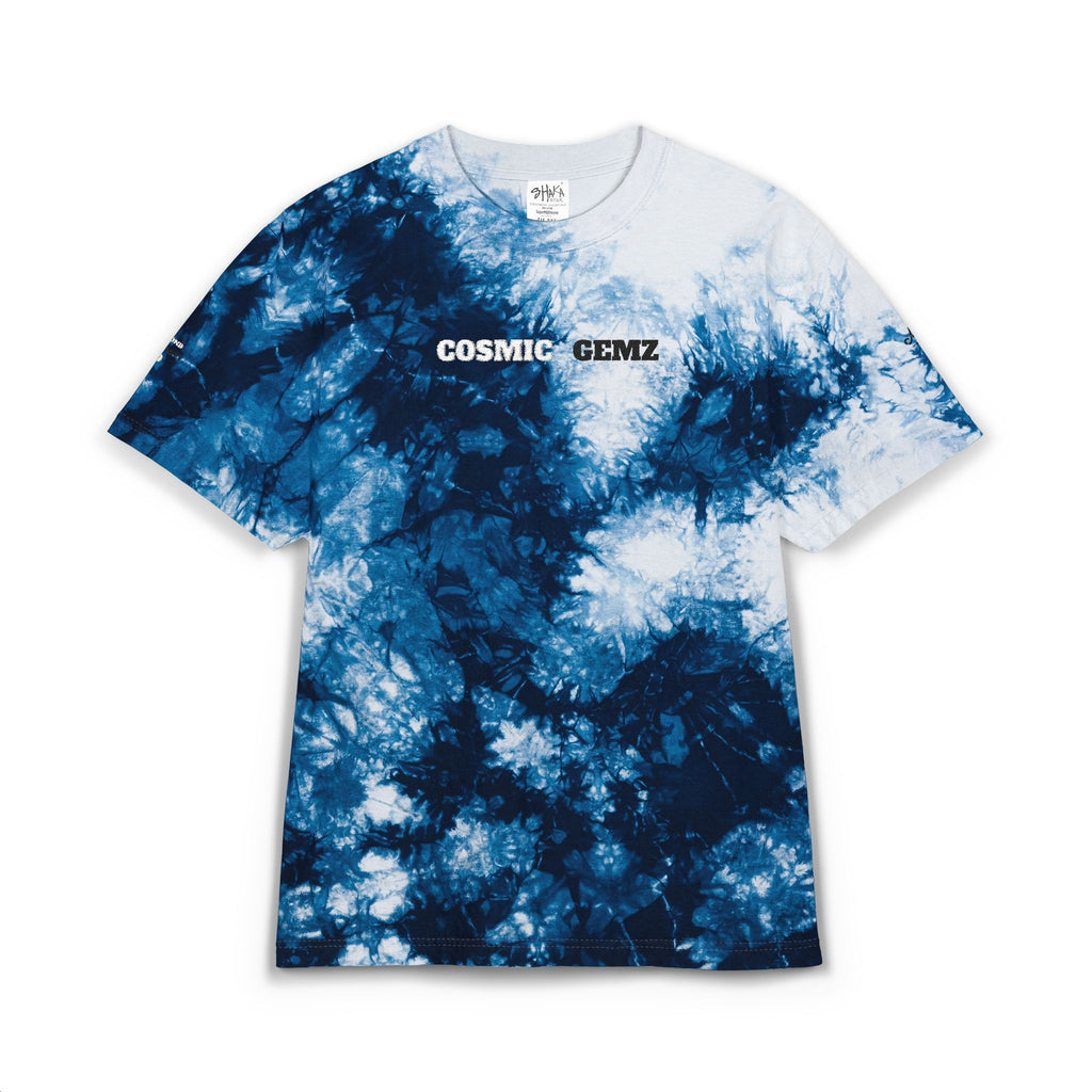 Embroidered 'Cosmic Gemz' Black & Gray Tie-Dye Oversized T-Shirt