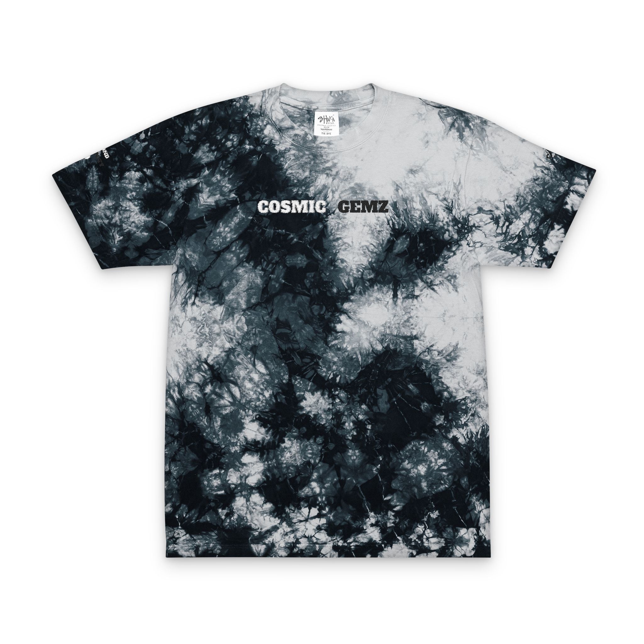 Embroidered 'Cosmic Gemz' Black & Gray Tie-Dye Oversized T-Shirt
