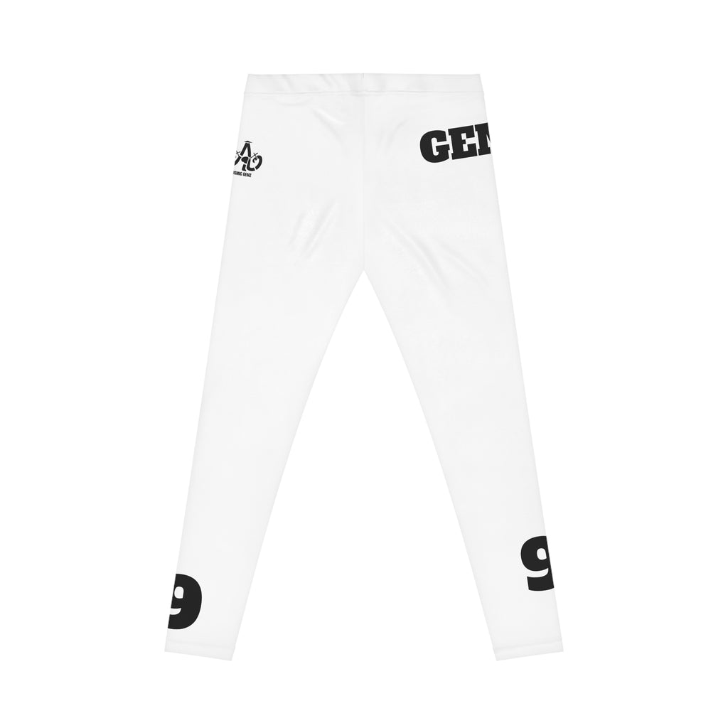 Gen Z White Graphic Leggings — Bold Number & Text All-Over Print